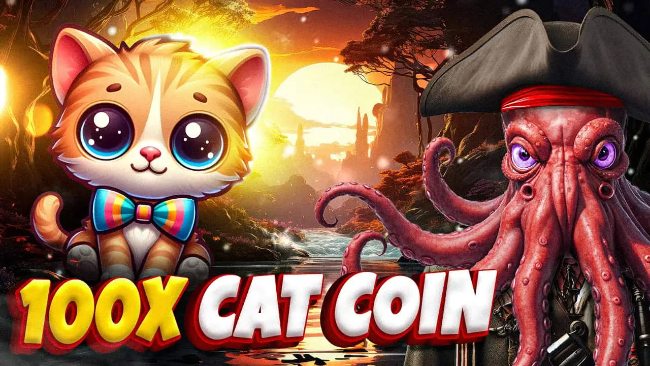Cute animated cat and octopus promoting 100X Cat Coin in a vibrant fantasy setting.