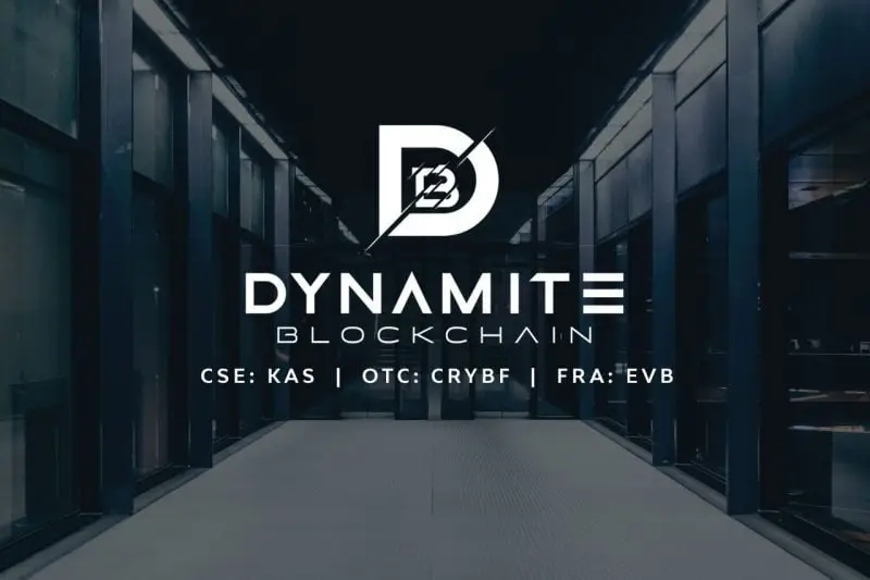 Dynamite Blockchain logo with modern office background, emphasizing utility tokens and blockchain gr.