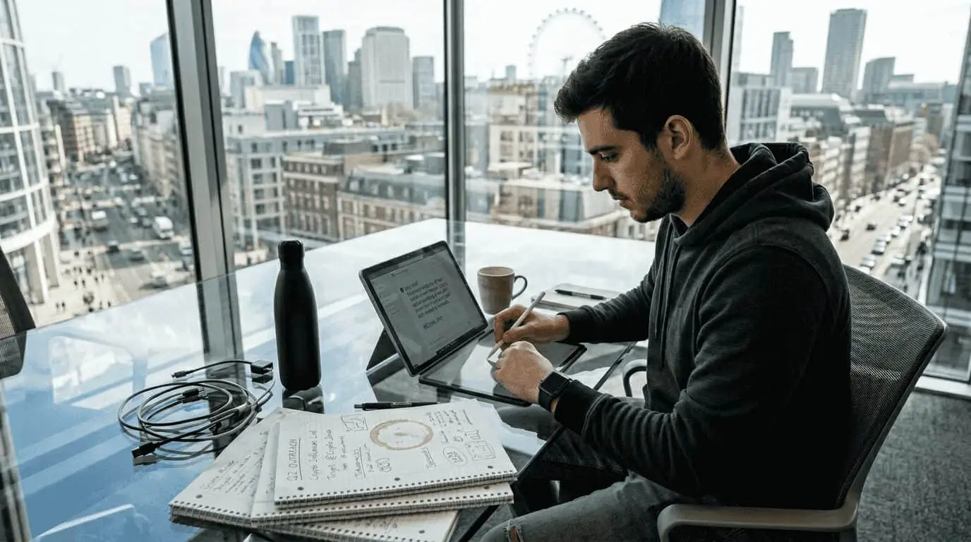 Young man working on laptop for crypto influencer outreach strategy.
