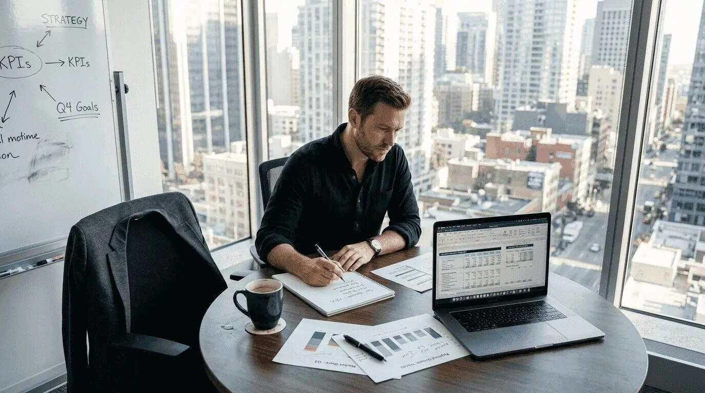 Businessman analyzing crypto marketing strategy with charts in a high-rise office.